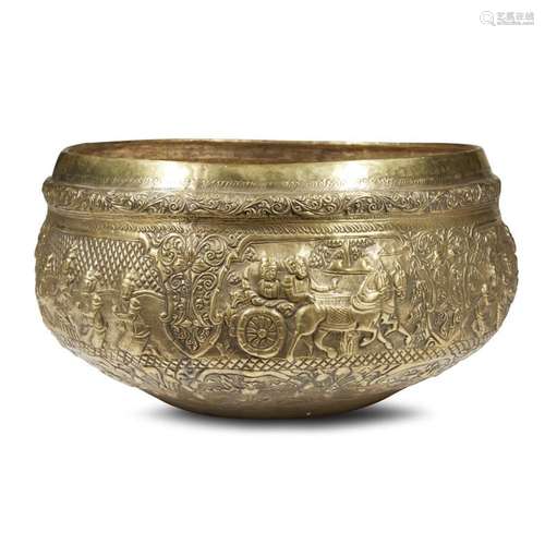 A large Burmese silvered metal offering bowl, Thabeik,