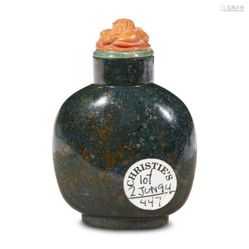 A Chinese moss agate snuff bottle, incised qianlong four-character mark to underside