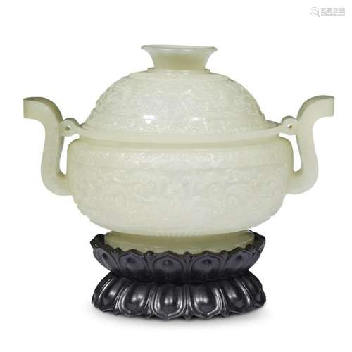 A finely carved Chinese Mughal-style pale celadon jade censer and cover,