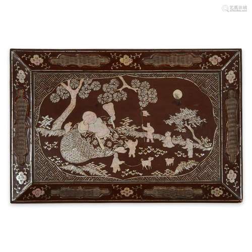 A Chinese mother of pearl-inlaid reddish-brown lacquer tray, ming dynasty, 17th century