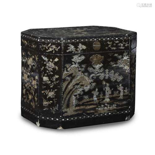 A Chinese mother of pearl inlaid black lacquer octagonal box, Possibly 17th/18th Century