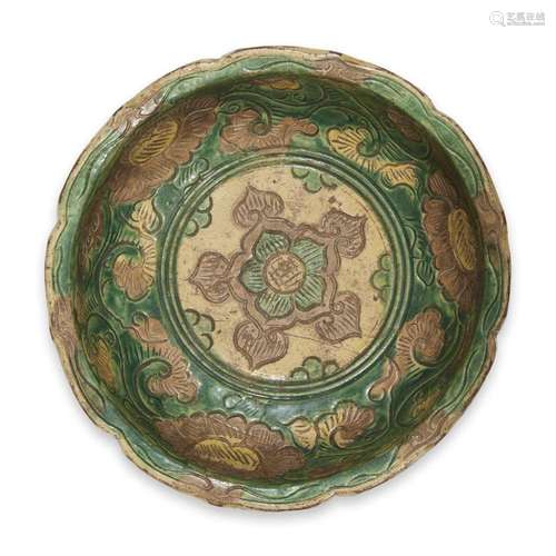 A Chinese sancai-glazed floral scroll-incised pottery basin, liao dynasty or later