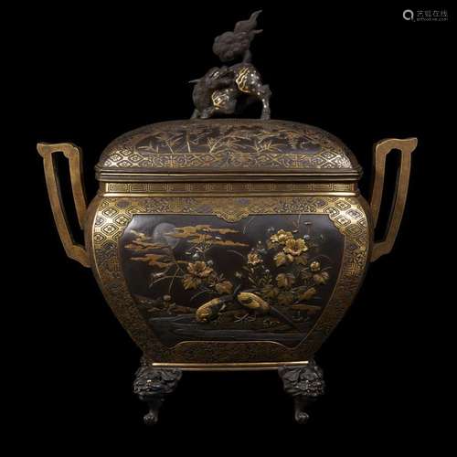 An impressive Japanese parcel gilt and mixed metal patinated bronze koro and cover, meiji period, last quarter 19th century