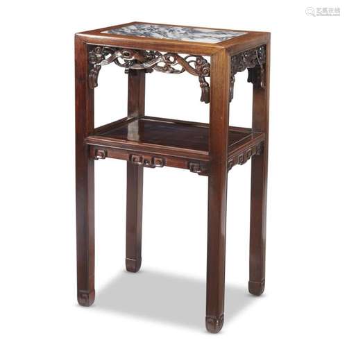 A Chinese marble-inset carved hardwood side table ,