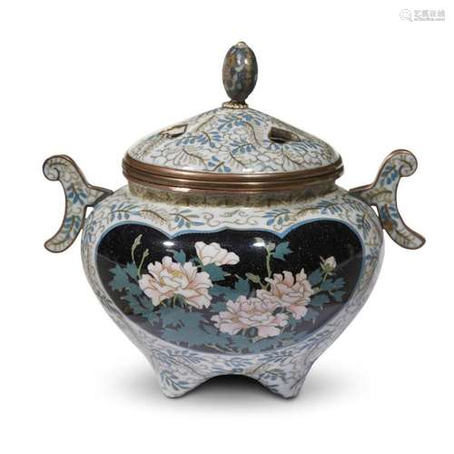 A Japanese cloisonné globular tripod censer and cover, meiji period, last quarter 19th century