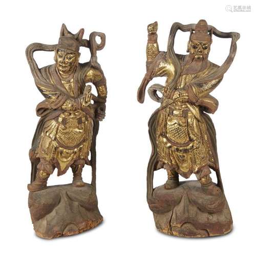 A pair of Chinese carved gilt wood guardian figures, late ming/early qing dynasty