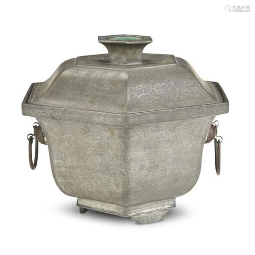 A Chinese engraved pewter and jadeite embellished hexagonal vessel and cover,