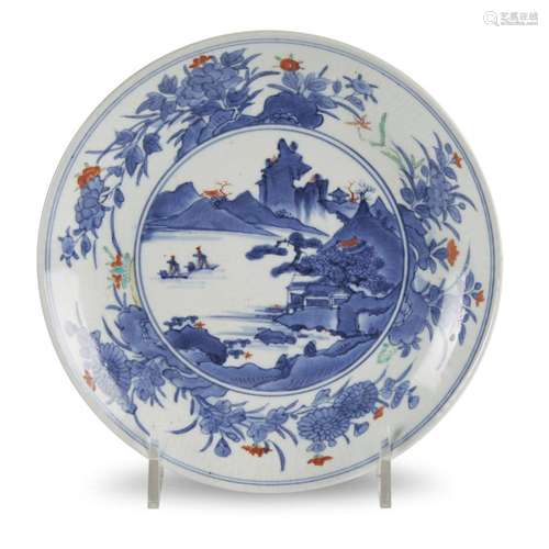 A Japanese enameled blue and white porcelain dish, Arita, circa 1700