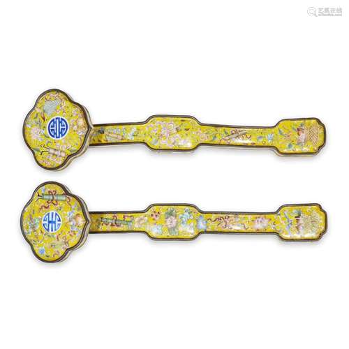 A pair of Chinese enameled metal ruyi scepters,