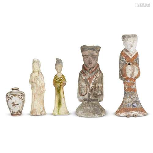 Four Chinese pottery tomb figures and a vase , Han to Ming dynasties