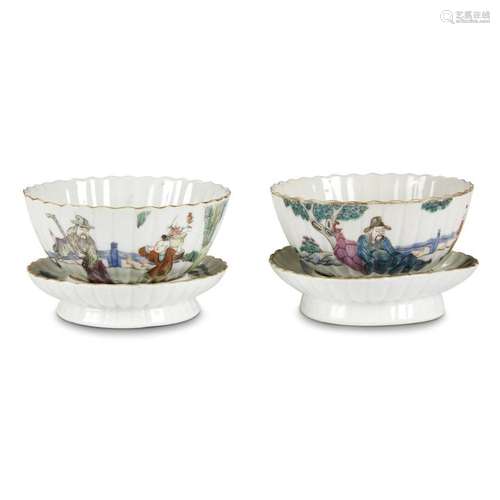 A pair of Chinese enameled porcelain fluted bowls and stands, tongzhi mark, and of the period (minyao)