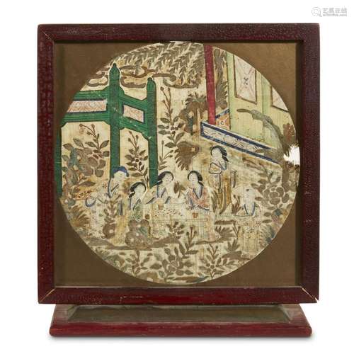 A small Chinese embroidered and painted gauze panel,