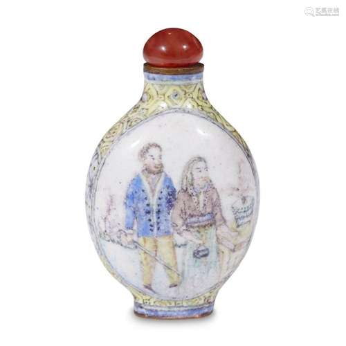 A Chinese enameled copper snuff bottle decorated with European figures, qing dynasty