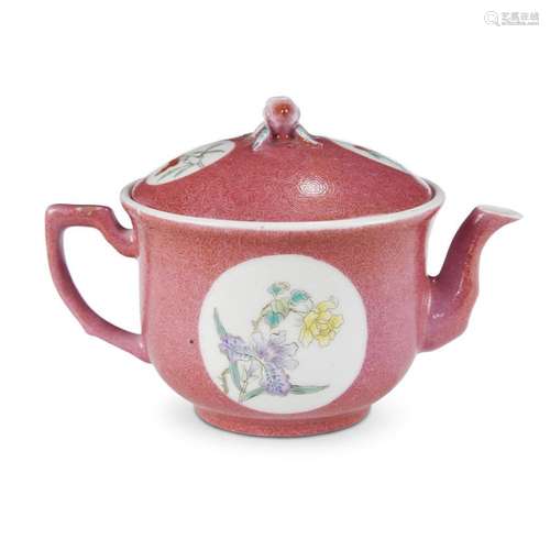 A Chinese ruby sgrafitto-ground floral medallion teapot,