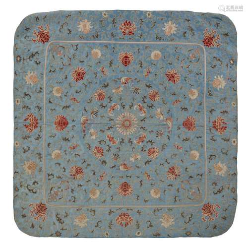 A Chinese embroidered pale blue silk throne cover, qing dynasty, 18th/19th century