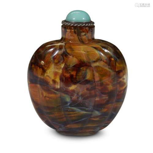 A Chinese spotted and swirled molded glass melon-form snuff bottle,