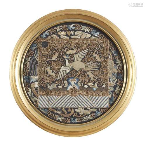 A Chinese embroidered silk circular civil rank badge, probably depicting a silver pheasant, qing dynasty, 19th century