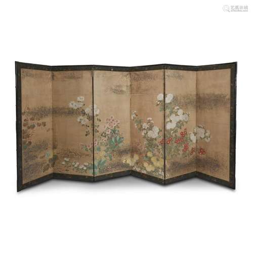 A Japanese six-fold screen depicting autumnal flowers, edo period, 18th/19th century