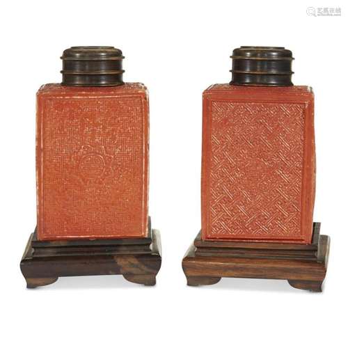 A pair of Chinese iron-red enameled molded porcelain tea caddies,