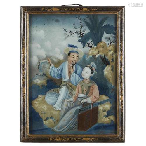 A Chinese export eglomise painting depicted a seated male and meiren with basket and parcel, late 18th/early 19th century