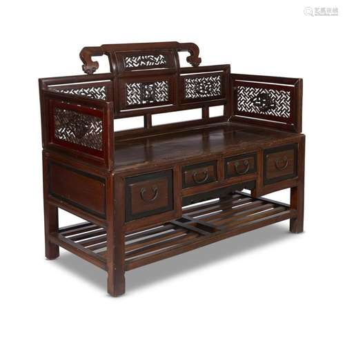 A Chinese lacquered and carved wood bench,