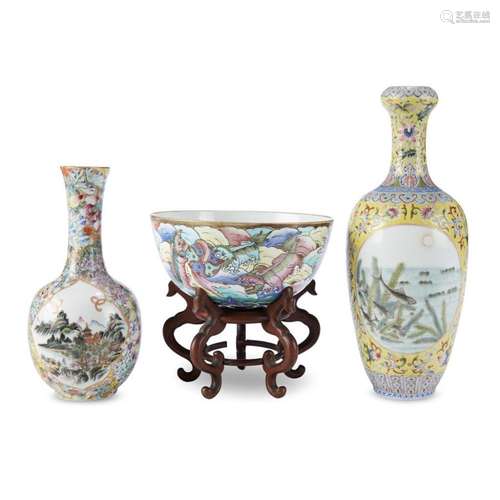 A group of three famille rose-decorated porcelain items,