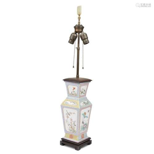 A Chinese famille rose-enameled porcelain vase, mounted as a lamp,