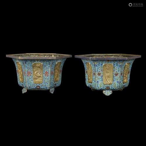 A similar pair of Chinese cloisonné and parcel-gilt hexagonal jardinieres, mid to late qing dynasty