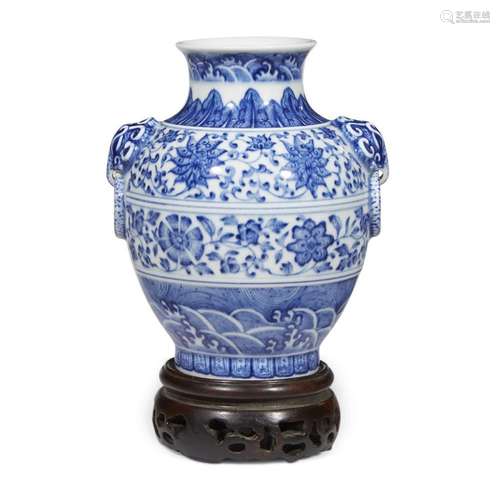 A Chinese blue and white porcelain Ming style vase, qianlong mark, probably guangxu period