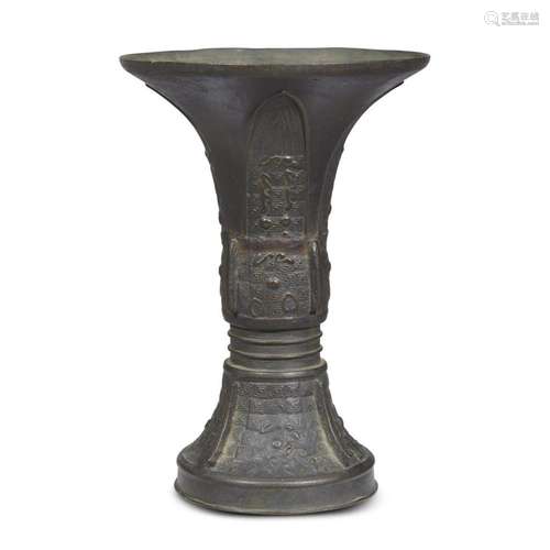 A patinated bronze archaistic gu-form vase, 19th century or earlier