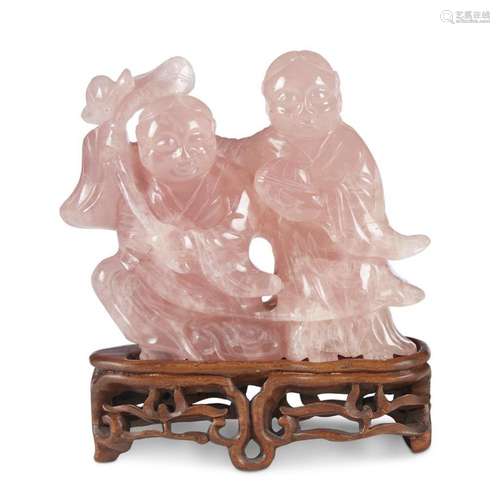 Chinese carved rose quartz figural group depicting the Hehe Erxian,