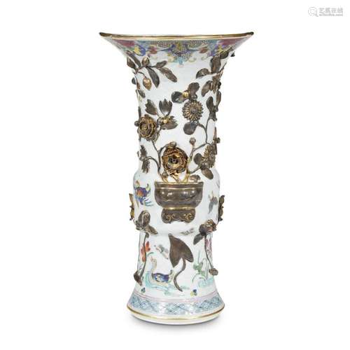 An unusual Chinese molded and famille rose decorated-porcelain gu-form vase, 19th century