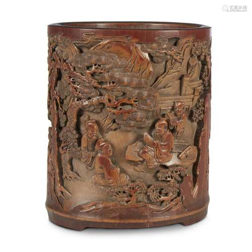 A Chinese carved bamboo brush pot,