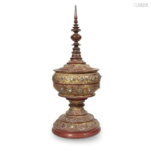 A Burmese embellished and gilt red-lacquered offering vessel, hsun-ok,