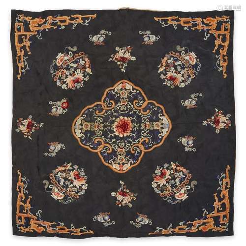 A Chinese embroidered black silk brocade panel, late qing dynasty, 19th century