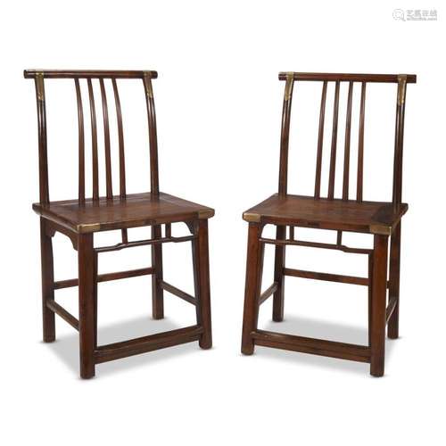 A pair of brass-mounted Chinese soft wood chairs, qing dynasty