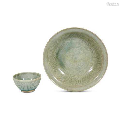 A Thai celadon dish and a bowl, the dish sawankhalok kilns, 14th-16th century, the bowl possibly later