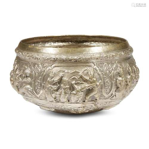 A Burmese silvered metal repousse bowl, Thabeik,