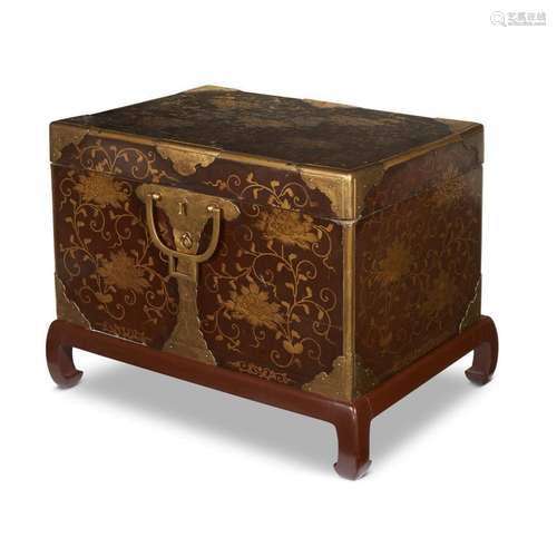 A Japanese rectangular lacquered travel chest and cover on later stand, edo period, 18th/19th century