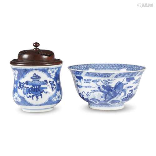 A Chinese blue and white porcelain vessel and a bowl, 18th century