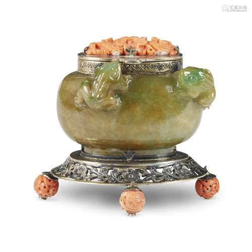 A silver-gilt and coral-mounted jadeite inkwell, Edward I. Farmer, New York,