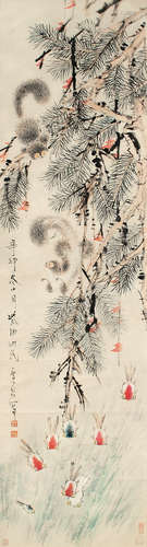 虚谷（1823～1896） 松鼠金鱼 立轴 设色纸本