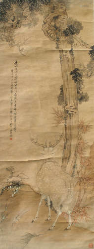钱慧安（1833～1911） 柏鹿图 立轴 设色纸本