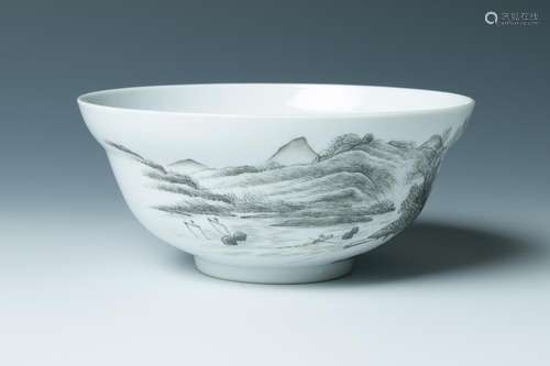 LARGE GRISAILLE LANDSCAPE BOWL, HONGXIAN MARK