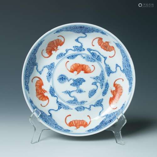 BLUE,WHITE AND IRON RED DISH, GUANGXU MARK/PERIOD