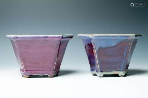 A PAIR OF JUN GLAZED HEXAGONAL PLANTERS, 20TH C.