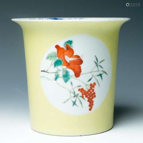 A YELLOW GROUND FAMILLE ROSE PLANTER HONGXIAN MARK
