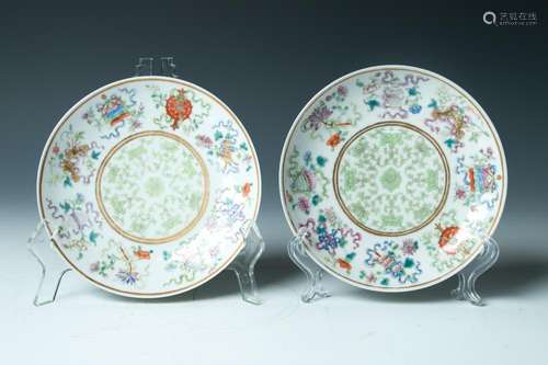 PAIR OF FAMILLE ROSE 'BUDDHIST EMBLEM' DISHES, GUA