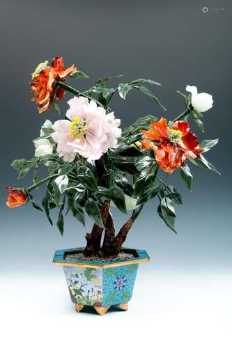 A CLOISONNE FLOWERPOT WITH JADE FLOWERS