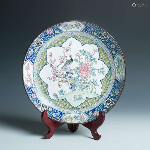 AN EXPORT CANTON ENAMEL 'PEACOCK AND PEONY' PLATE